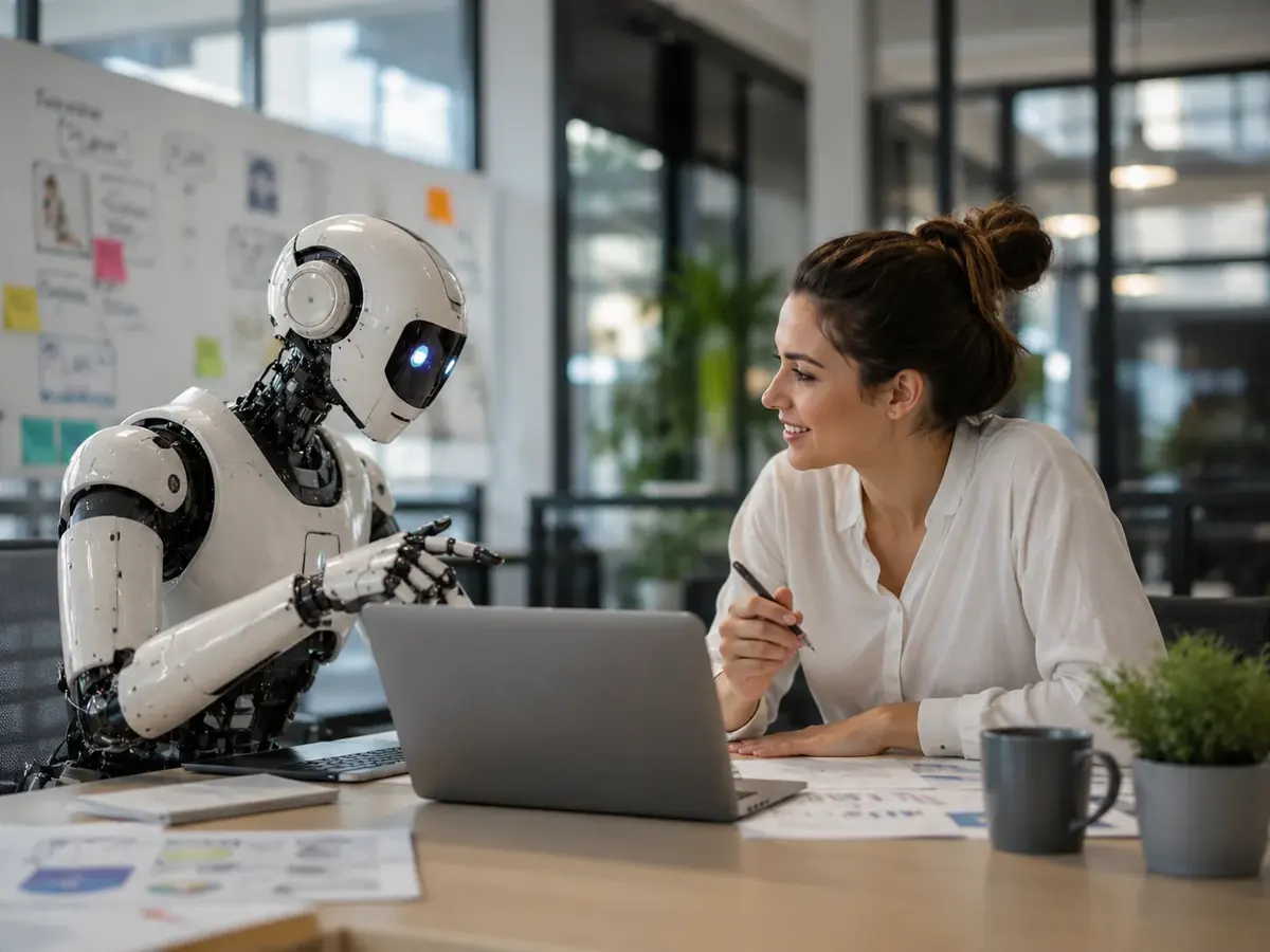 Una profesional trabajando junto a un robot colaborativo